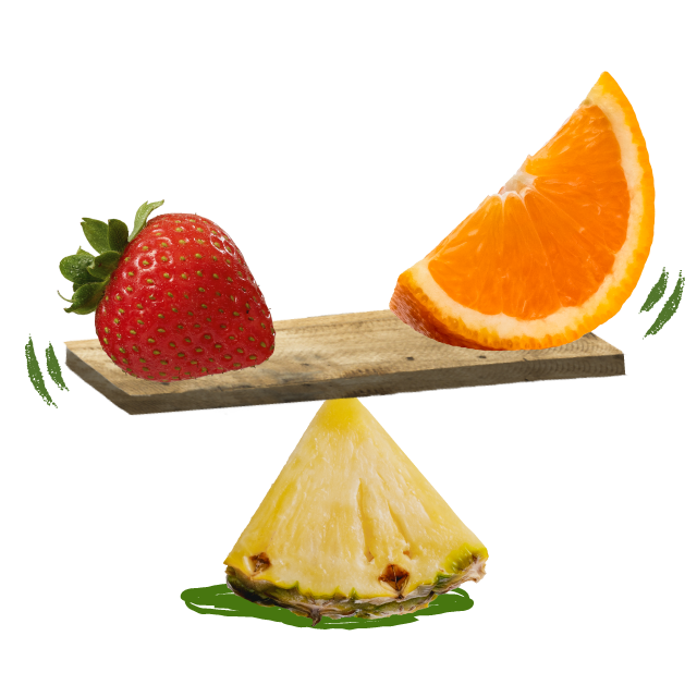 strawberry and orange balancing on a pinapple see-saw