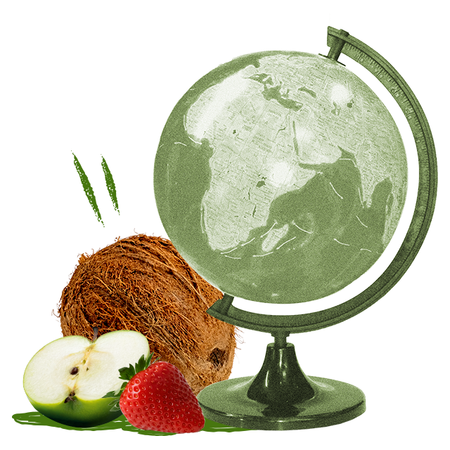 Globe with a coconut, apple and strawberry